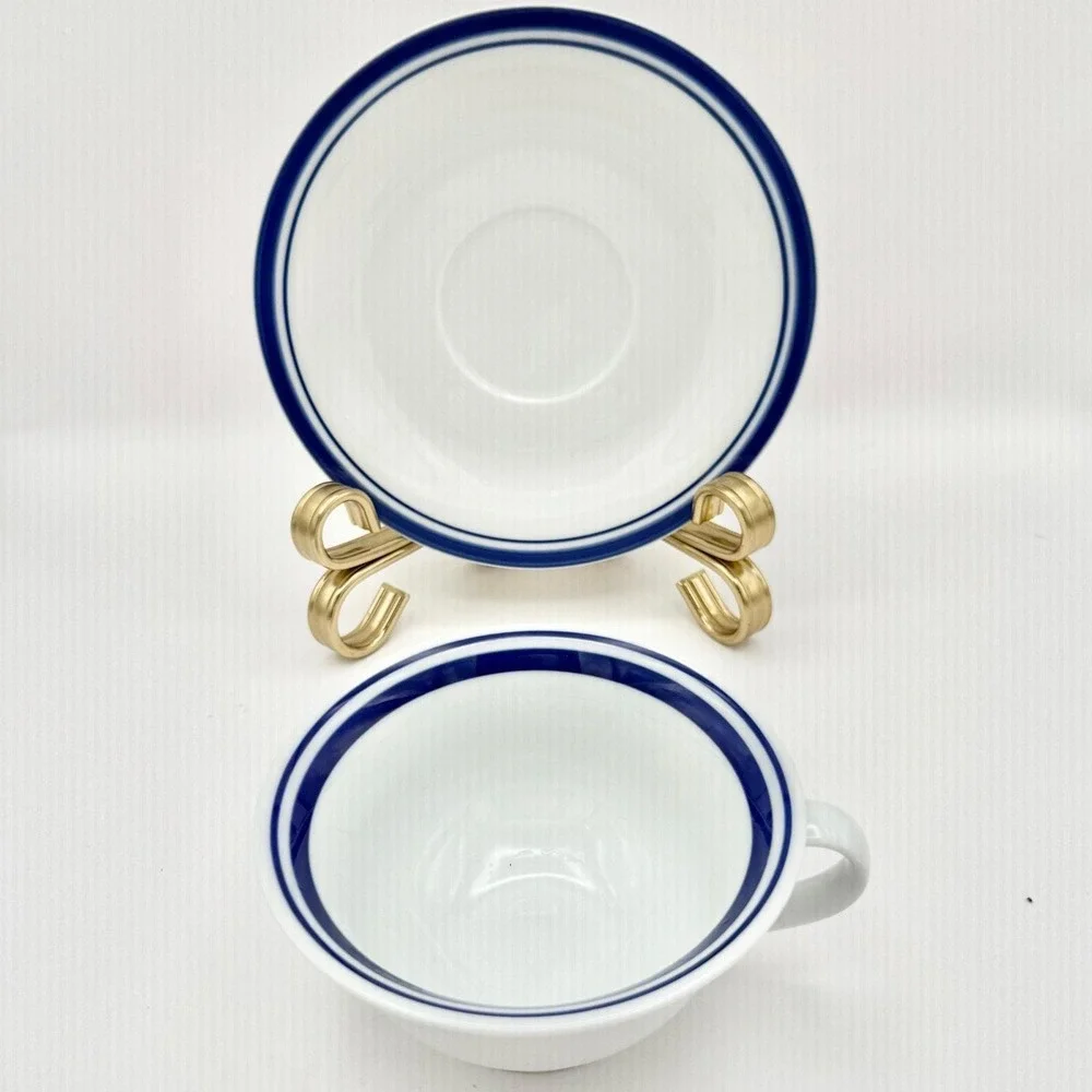 Pottery Barn Club Blue Cup & Saucer Set of 7 Cobalt Rim Japan Vintage Cottage